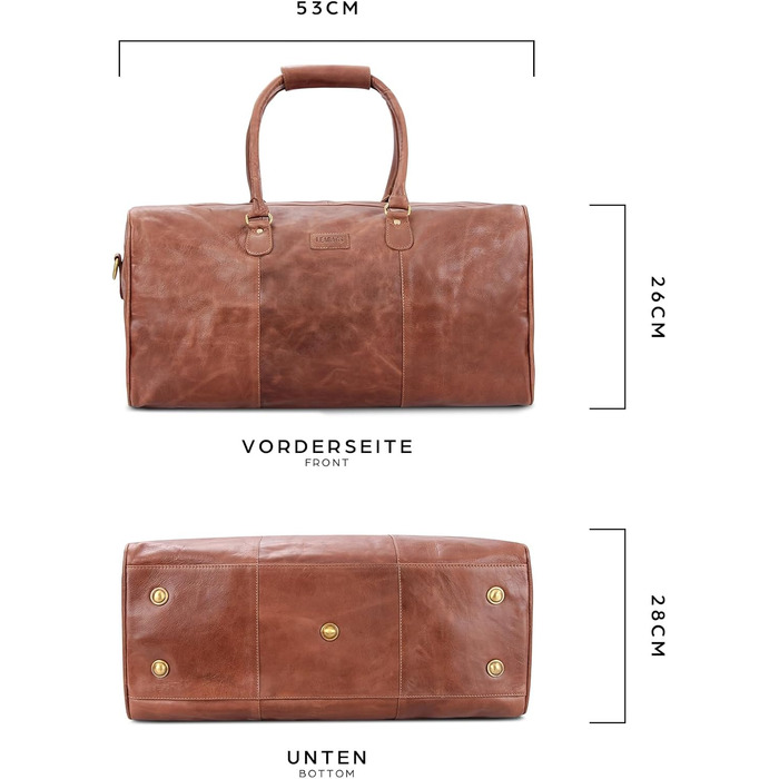 LEABAGS Дорожня сумка з натуральної шкіри 40 л, для жінок і чоловіків, преміум якість, велика спортивна та дорожня сумка, вінтажна, колір коньяк