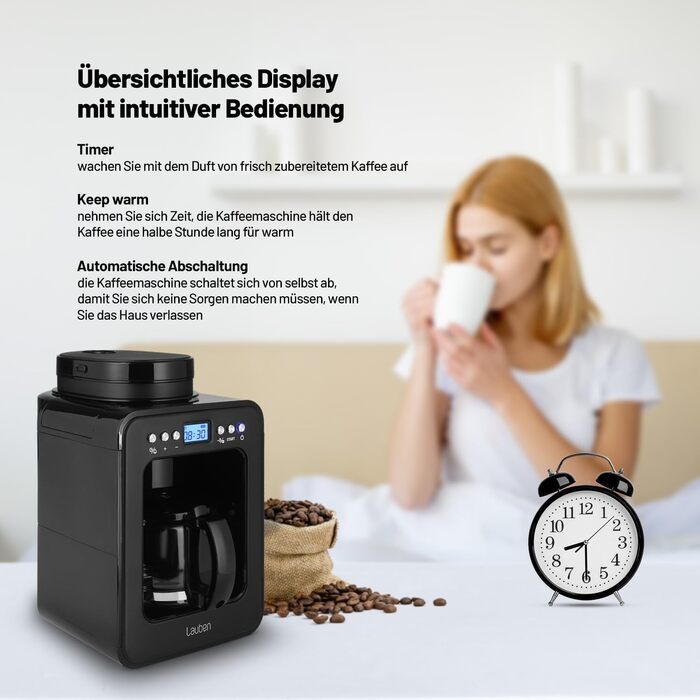 Кавоварка Lauben Grind&Drip 600BB з вбудованим млинком, мийним фільтром, авто відключенням, антикрапельною технологією, 4 чашки