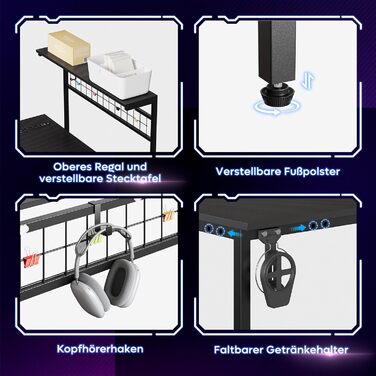 Ігровий стіл Bestier L-подібний кутовий, 130 см, з LED-підсвіткою, розетками, 4 полицями, підстаканником та гаками, вуглецеве покриття, чорний