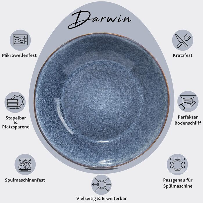 Набір глибоких тарілок Sänger Darwin 4 шт., супові миски з кераміки, вінтажні сині, ручна робота, для 4 осіб, 500 мл, можна мити в посудомийній машині