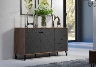 Сервант trendteam smart living Montez, сірий/дуб, 2 двері, 3 шухляди, фрезеровані фасади, металеві ніжки, 183x76x40 см