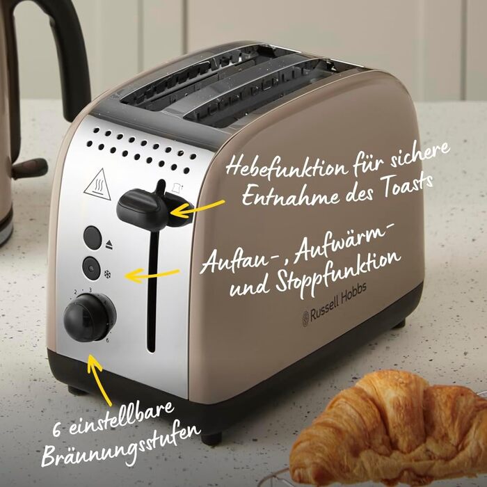 Тостер Russell Hobbs Colours Plus Edelstahl на 2 тости, Мока. Широкі слоти, підставка для булочок, 6 режимів, розморожування, Lift & Look, 1600 Вт