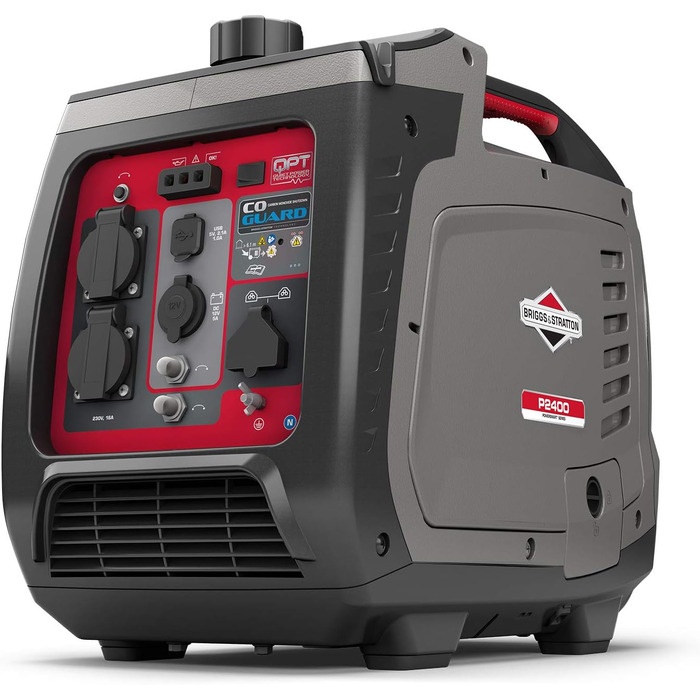 Інверторний бензиновий генератор Briggs & Stratton PowerSmart P2400, 2400 Вт (1800 Вт постійної потужності), 230 В, ультратихий та легкий, сіро-червоний
