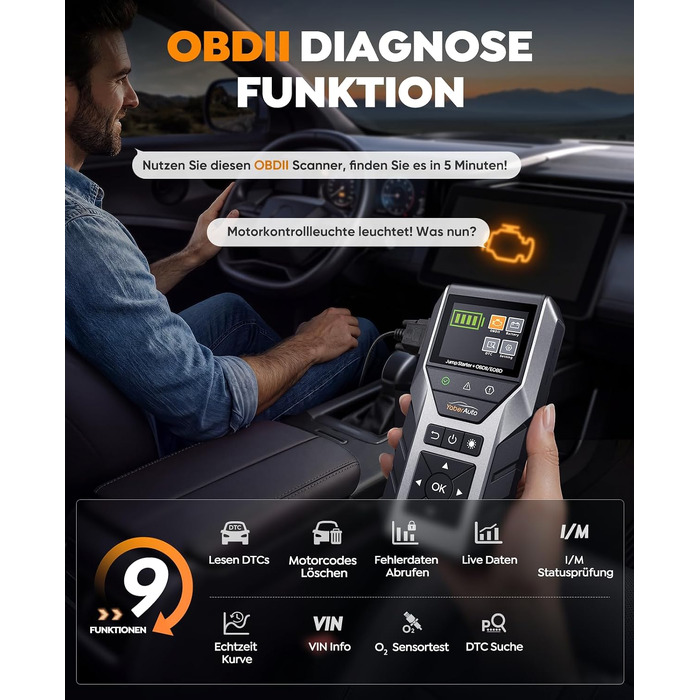 Пусковий пристрій YaberAuto Jump Starter 7000A з OBD2 діагностикою та тестером акумулятора, Powerbank 16800mAh для бензинових та дизельних авто (до 10л), з LED-ліхтарем