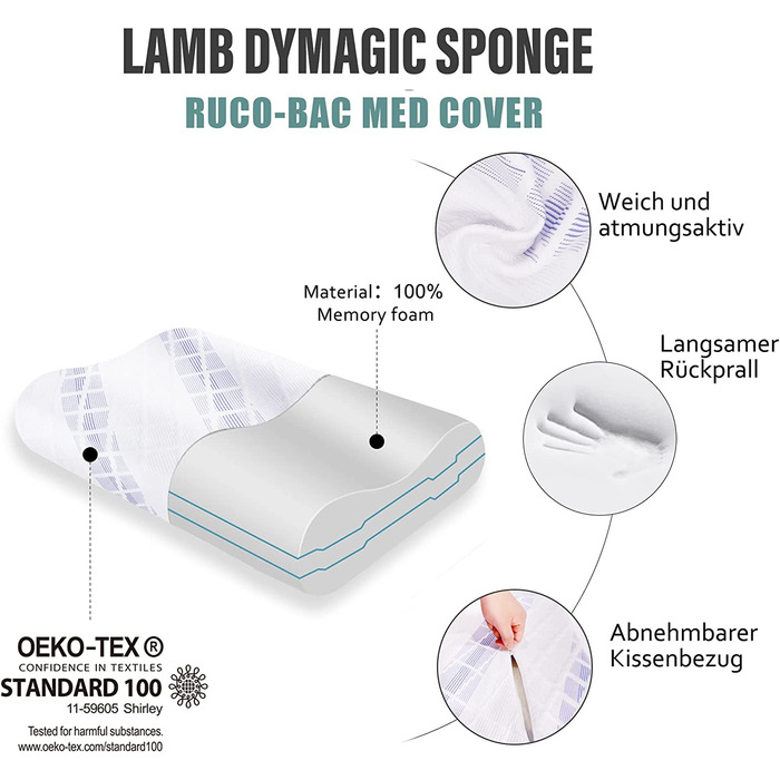 Подушка для шиї LAMB з Memory Foam, регульована висота, ергономічна, знімний чохол 60x36x12/10 см, блакитна