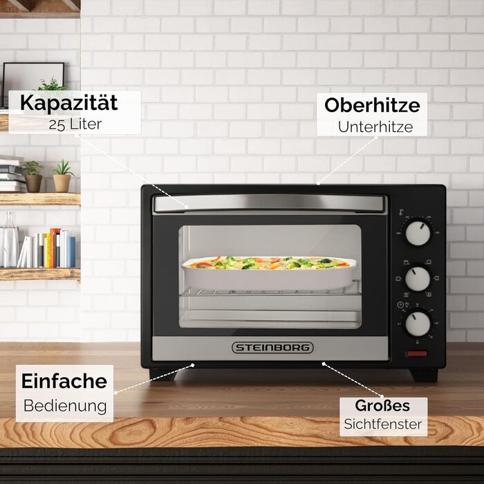 Міні-піч Steinborg® 25 л з конвекцією, піч для піци, з деко та решіткою-грилем, таймер на 60 хв, 1600 Вт