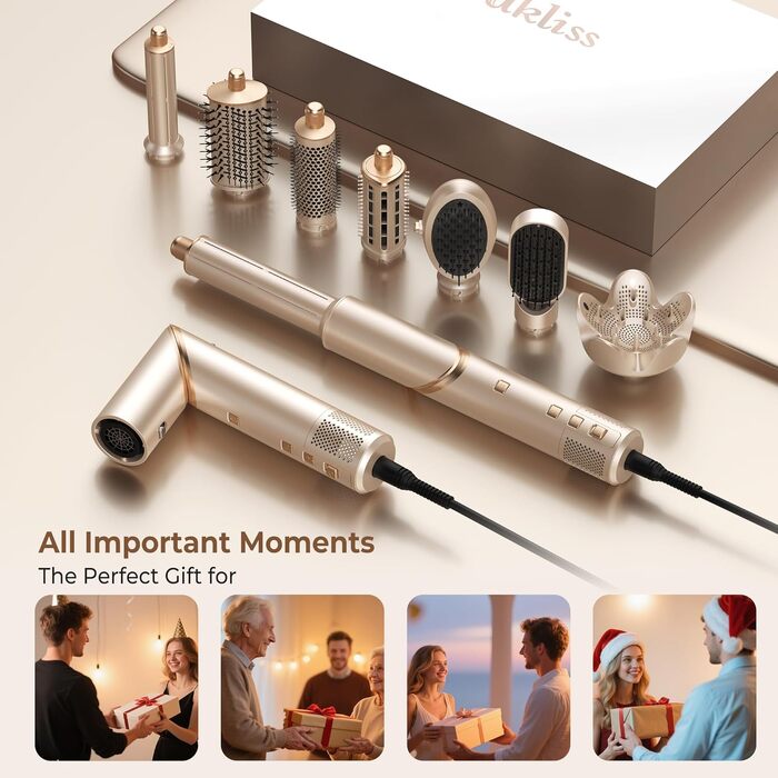 UKLISS Hairstyler Airstyler 8-в-1: Фен-щітка, випрямляч, плойка, насадки для об'єму та іонізація - Швидке сушіння для всіх типів волосся, колір шампань