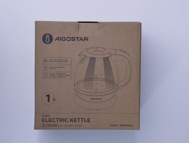 Електрочайник Aigostar Elfin 1 л з боросилікатного скла з LED-підсвіткою, 2200 Вт, BPA-free, швидке кип'ятіння, захист від перегріву, чорний