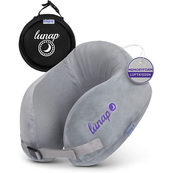 Ортопедична подушка для шиї Lunap, надувна з піною Memory Foam, для подорожей літаком, автомобілем, для дорослих, сіра, розмір Big M