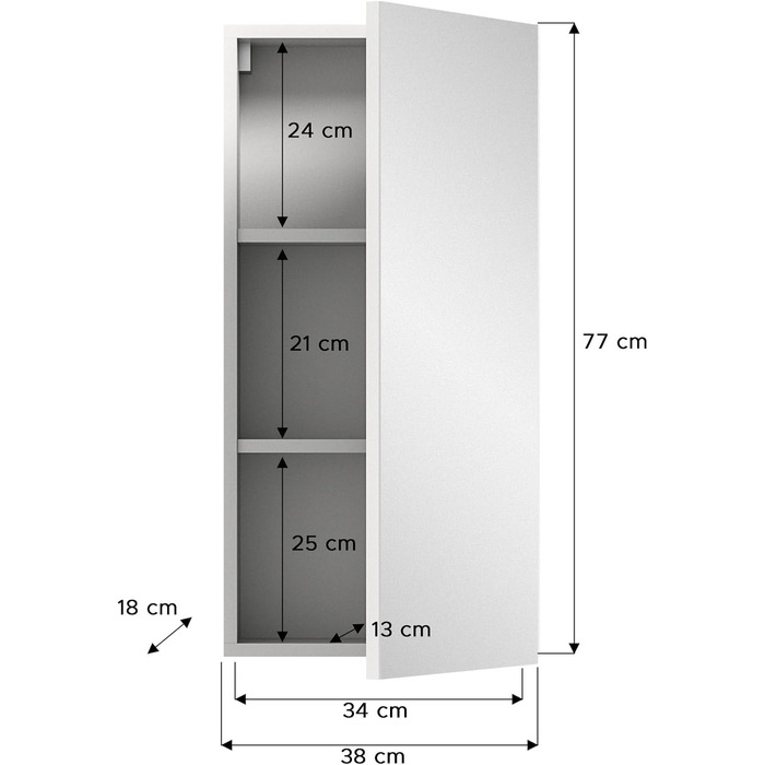 Дзеркальна шафка для ванної xonox.home Vira X2LA9723, біла, меламін, 38x77x18 см, з великою дзеркальною поверхнею, 1-дверна