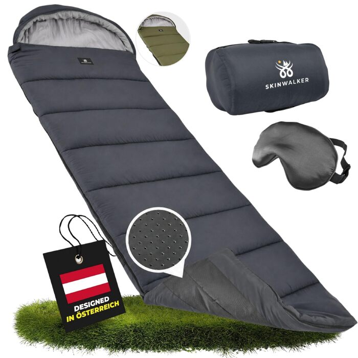 Спальний мішок SkinWalker для дорослих 3-сезонний, ультралегкий (1500г) з антиковзаючими смугами, чорний, розмір L (215*80см) для кемпінгу та фестивалів