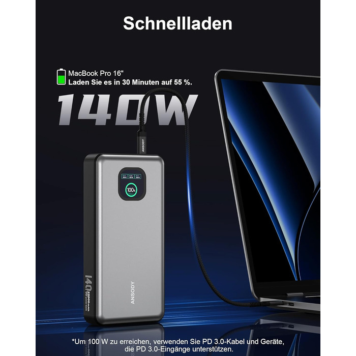 Powerbank 140W, 25000mAh з дисплеєм, PD3.1 для ноутбуків, MacBook, iPad, iPhone, Switch
