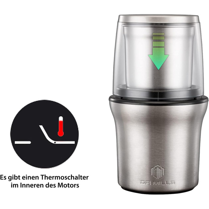 Електрична кавомолка та млинок для спецій DR MILLS DM-7412N+, нержавіюча сталь SUS304, знімна чаша, ножі для подрібнення