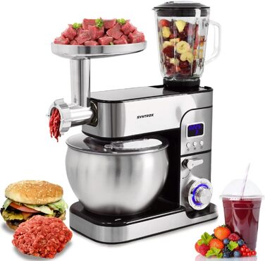 Кухонна машина Syntrox Germany Glumya 7 л, м'ясорубка, 1300 Вт, нержавіюча сталь, аксесуари для тіста й кремів, LED-дисплей, таймер, чорна