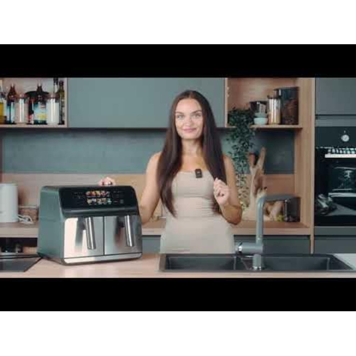 Аерофритюрниця ProfiCook 8 л з двома камерами, 2200 Вт, подвійна, без олії, кольоровий дисплей, модель 2024, чорна-нерж.