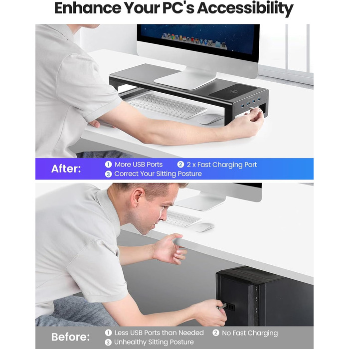 Підставка для монітора VAYDEER USB 3.0 з бездротовою зарядкою та передачею даних, металевий тримач для ноутбуків та комп'ютерів до 32 дюймів, чорний, L