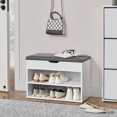 Лавка для взуття Juskys з відкидною кришкою, м'яким сидінням 60x30x44 см, вузька дерев'яна полиця для взуття з бетонною обробкою