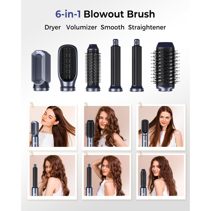 Багатофункціональний стайлер для волосся Haarstyler 6-в-1: фен-щітка, випрямляч, плойка, насадки для об'єму та локонів, блакитно-золотий