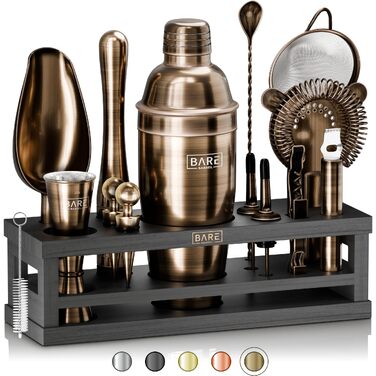 Набір для коктейлів BARE BARREL Mixology Barkeeper-Set, 16 предметів, з коблер-шейкером 24oz, аксесуарами для бару та картками рецептів, латунь/чорний