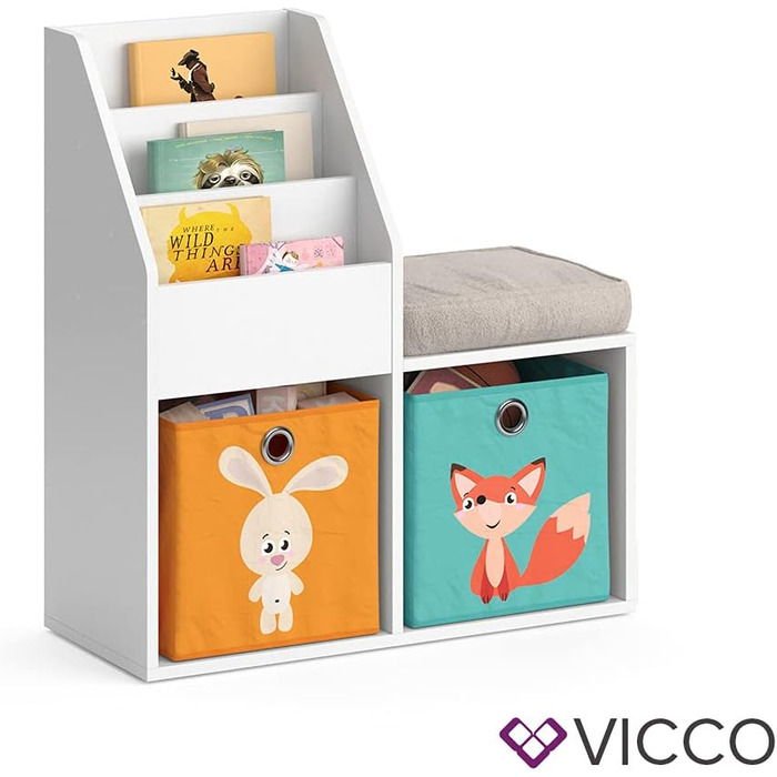 Дитяча книжкова полиця Vicco Luigi, біла, 72x79 см, з 2 складними коробами, малюнок Лисиця/Заєць