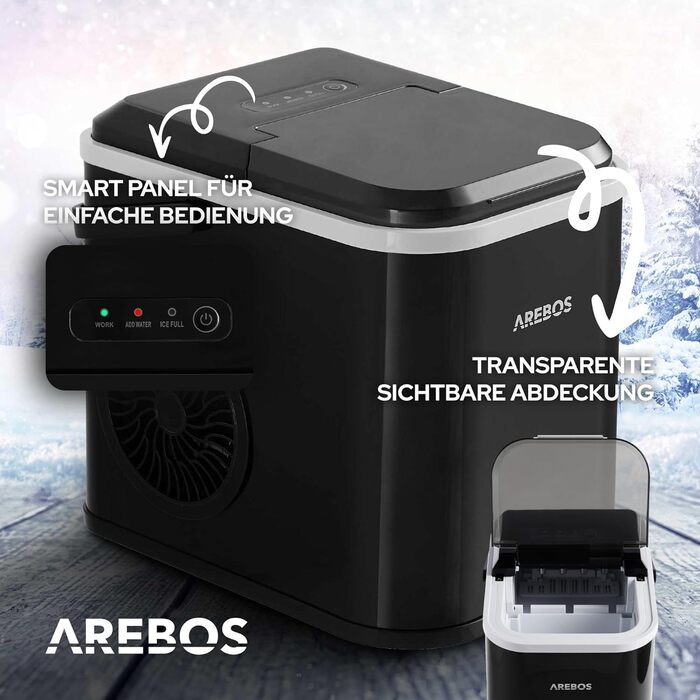 Машина для приготування льоду Arebos 12 кг/24 год | Чорна | З самоочищенням, тихою роботою та вікном для контролю рівня льоду