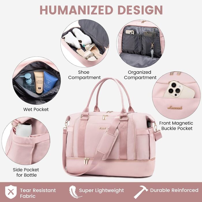 Спортивна сумка LOVEVOOK для подорожей, жіноча, 37L, рожева: Weekender, культ. сумка, відділення для взуття та мокрих речей