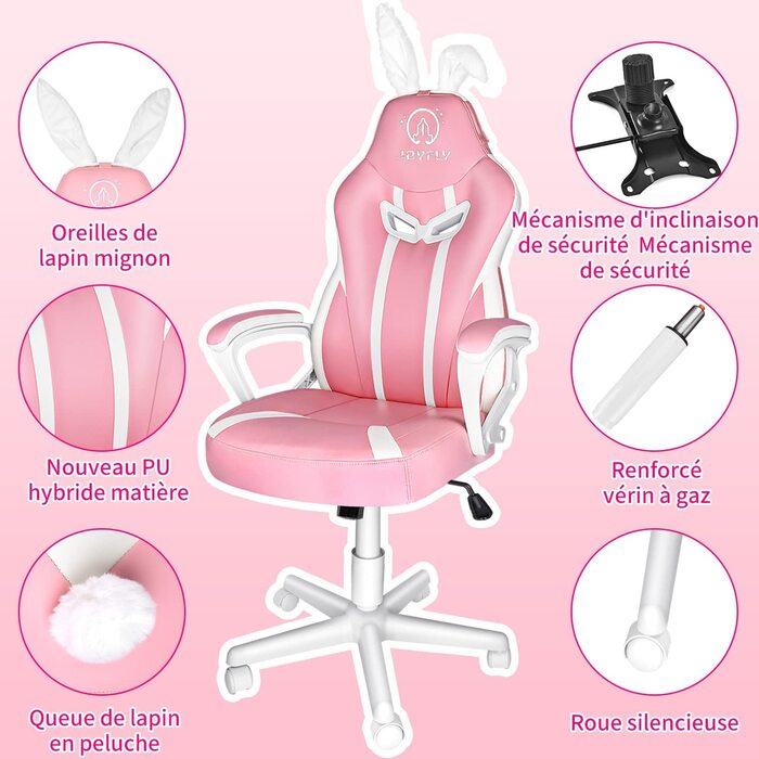Ігрове крісло JOYFLY рожеве з вушками, ергономічне, PU-шкіра, офісне, для комп'ютера, регульована висота, підтримка спини, з хвостиком