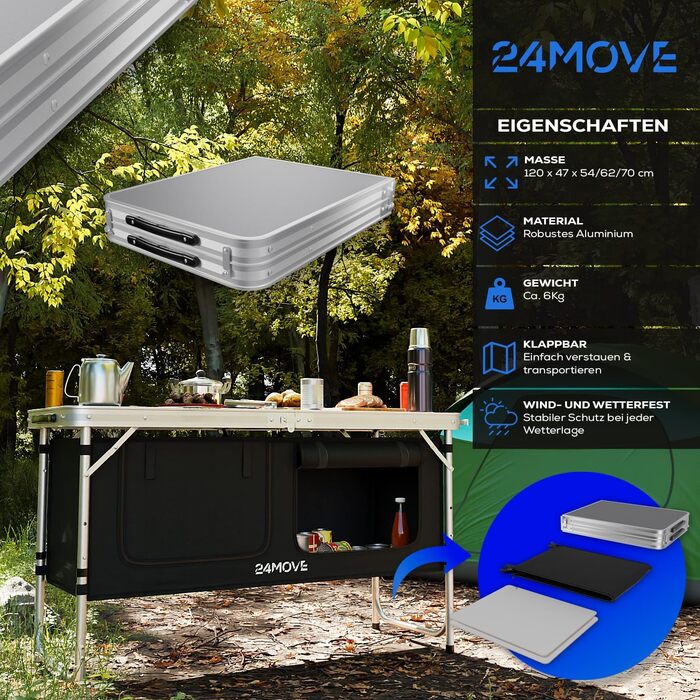 Складана туристична кухня 24MOVE® з регульованою висотою, з робочою поверхнею та відсіками для зберігання, чорна