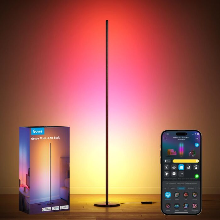 Govee RGBIC LED Торшер WiFi, Димування, Alexa/Matter, 16 млн кольорів, 85 режимів, Музичний режим, DIY, Чорний