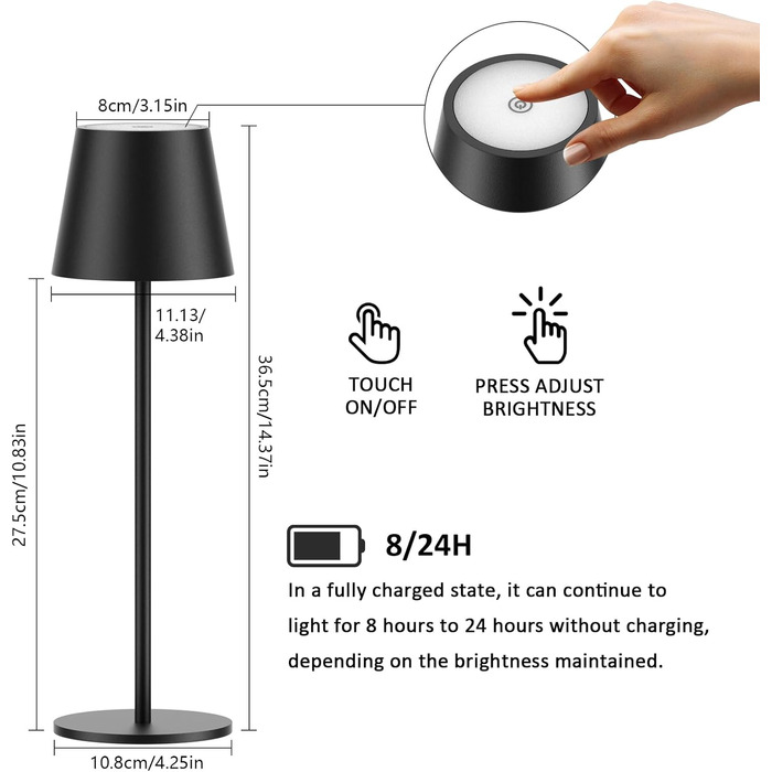 LED настільна лампа K-Bright з регулюванням яскравості, акумуляторна, бездротова, 36.5 см, тепле світло 2700K, USB-C, IP54, пісочний колір (чорний)