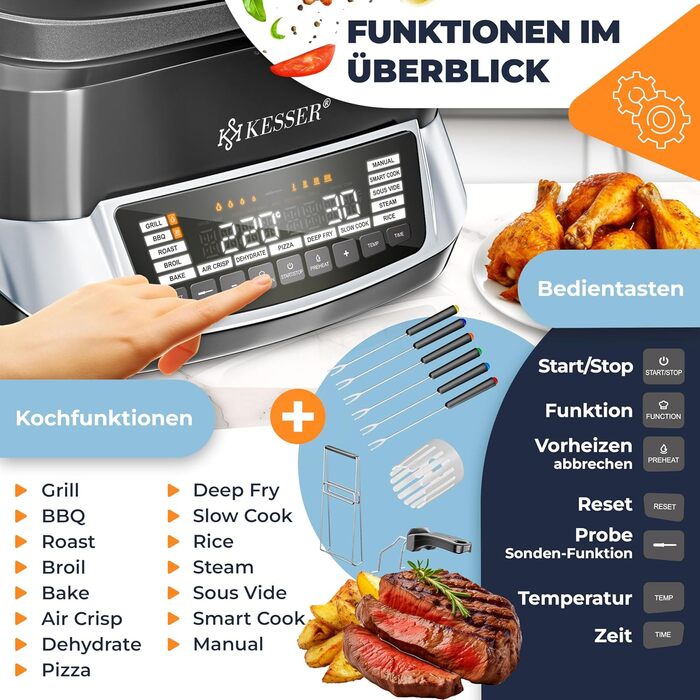 Мультиварка KESSER® 8л з фритюрницею, 16 програм, срібна: приготування на грилі, випікання, тушкування, приготування на пару, підтримка тепла, рисоварка, функція йогурту