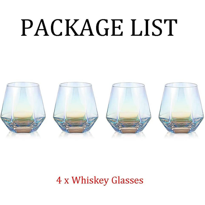 Набір з 4 склянoк Diamond Whisky, 300 мл, скло, сучасний дизайн, для віскі, бурбону, рому, для чоловіків і жінок, барний тумблер, райдужний