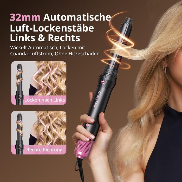 CrazyMar Airstyler 7-в-1: Фен-щітка з іонізацією, автоматичний стайлер для волосся, випрямляч та плойка (чорний)