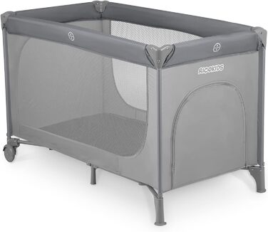 Дитяче ліжечко-манеж Ricokids, складане, 125x65x78 см, 15 кг, з матрацом, колесами з гальмами, знімний боковий вхід, сіре