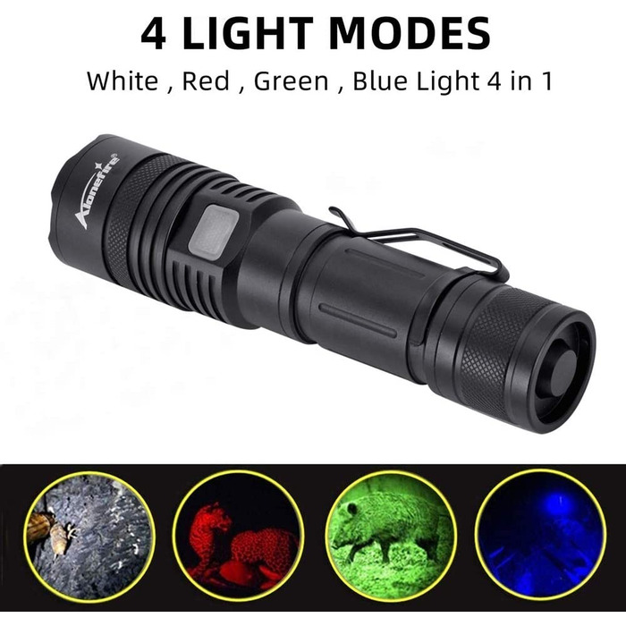 Alonefire X37 Тактичний LED ліхтар 4 кольори (зелений, синій, білий, червоний) RGB, USB-зарядка, водонепроникний, зум, з акумулятором і Powerbank для полювання, поліції, виживання, екстрених ситуацій, для вулиці