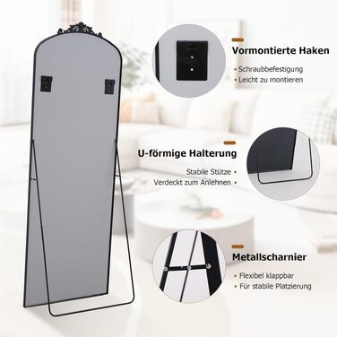 Дзеркало підлогове повнорозмірне Koonmi Vintage 161x52 см, чорне - стійке, безпечне, з ретро-гравіюванням для спальні та коридору
