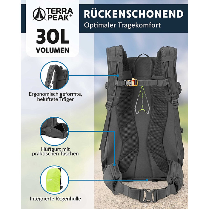 Туристичний рюкзак Terra Peak Flex 30L з вентиляцією спини, регочохлом і тримачем для питної системи – середній трекінговий рюкзак із 3D Air Mesh для походів, з поясним ременем