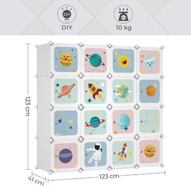 Модульна шафа для одягу SONGMICS, 16 кубів, 4 штанги, біла, 123x41x123 см, для дитячої кімнати, органайзер для зберігання