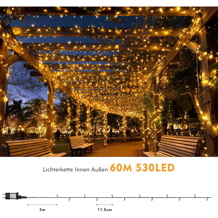 Світлодіодна гірлянда для вулиці 60м 530 LED, тепло-біла світлодіодна ілюмінація з таймером та 8 режимами, водонепроникна IP44 для саду, балкона та новорічного декору