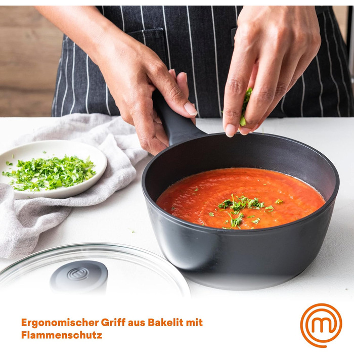 Каструля MasterChef з антипригарним покриттям та скляною кришкою, 20 см, алюмінієва, індукційна, універсальна для всіх типів плит, чорна, для супу та макаронів, колекція Aluminum Essentials