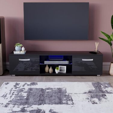 Тумба під телевізор Vida Designs Cosmo з LED-підсвіткою, 2 двері, сучасна, глянцева і матова, MDF, чорна, 160 см, медіа-стійка для вітальні, меблі з RGB освітленням