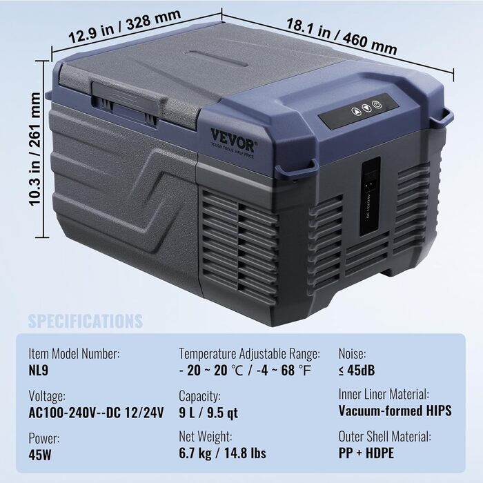 Автохолодильник VEVOR 12V/24V/220V 9л компресорний: для кемпінгу, авто, подорожей (-20°C ~ +20°C)