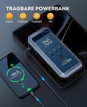Портативний пусковий пристрій YaberAuto YA70 з компресором 150 PSI, Powerbank 21800mAh, ліхтарик 300 Lumen, LCD екран