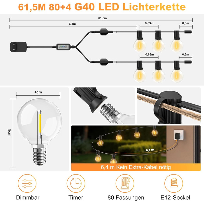 LED гірлянда вулична G40, 23.5м, 25+2 лампи, теплий білий, з пультом та додатковою секцією 61.5м, водонепроникна, для саду/балкону