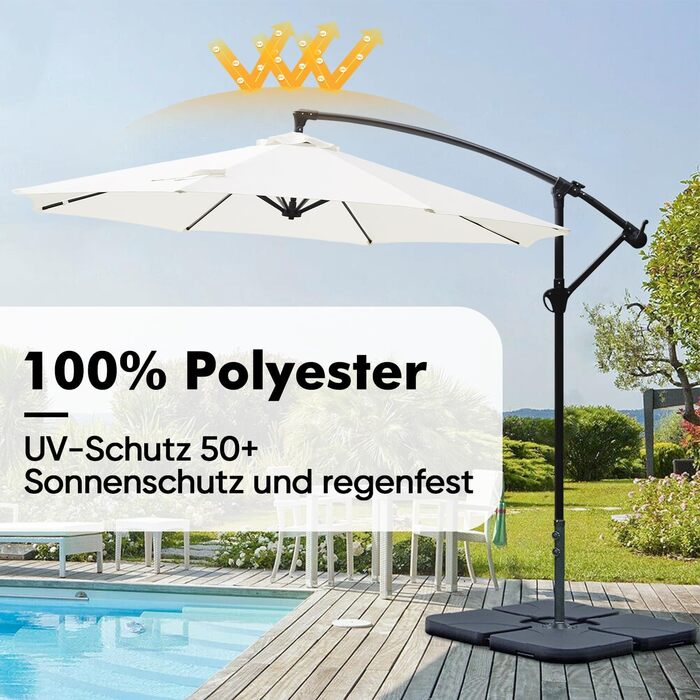 Сонячна LED парасоля Sekey 300 см для саду, кремова, з УФ-захистом 50+, на сонячних батареях, міцна та стійка