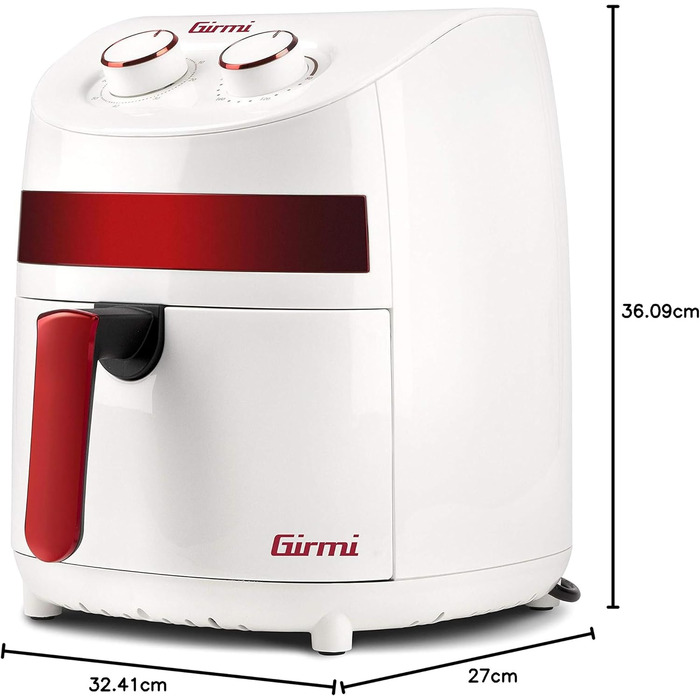 Компактна аерофритюрниця Girmi FG93 Ecofrit, 3.2 л, 1000 Вт, економна (до -30% енергії), з антипригарним покриттям та книгою рецептів, Білий/Червоний
