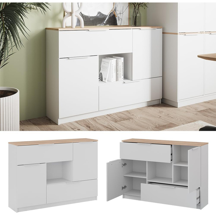 Комод Vicco Betti білий/дуб сонома 120x84 см, 2 двері, 2 шухляди, 1 відкрита полиця
