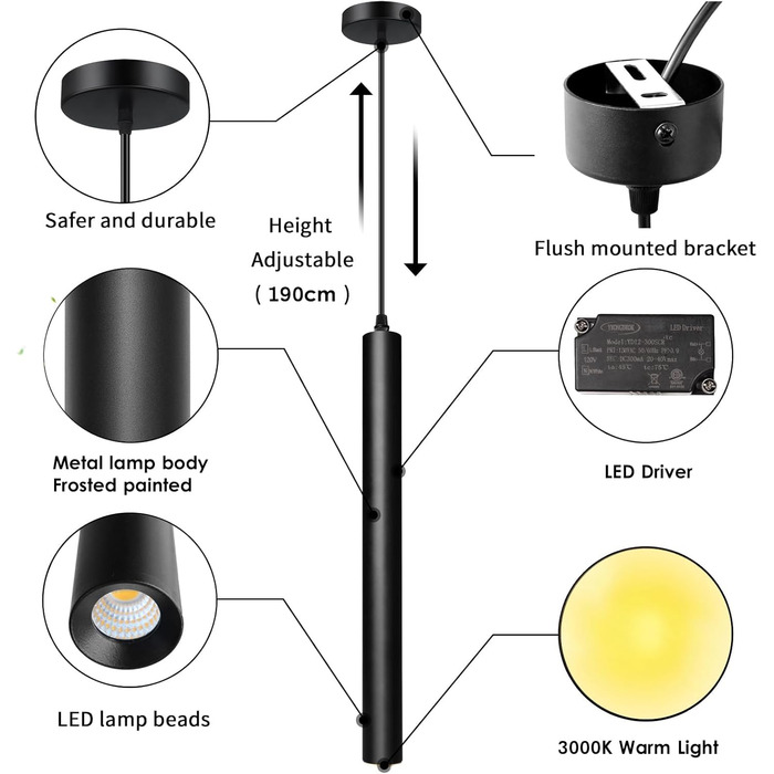 Світильник підвісний ACMHNC LED, 2 шт, циліндричний, чорний, для спальні, тумбочки, вітальні, сучасна регульована лампа, тепле біле світло, 30 см