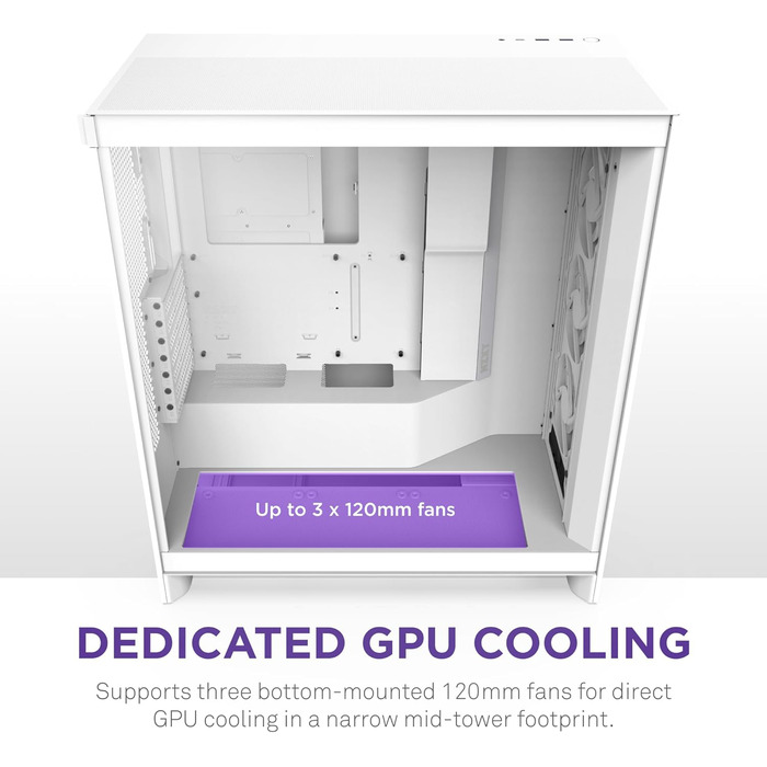 Корпус NZXT H7 Flow RGB білого кольору, Mid-Tower ATX з ефективною вентиляцією, комплектується RGB-вентиляторами, підтримка підлогових вентиляторів для прямого охолодження GPU, сумісний з 360 мм вентиляторами у єдиній рамі