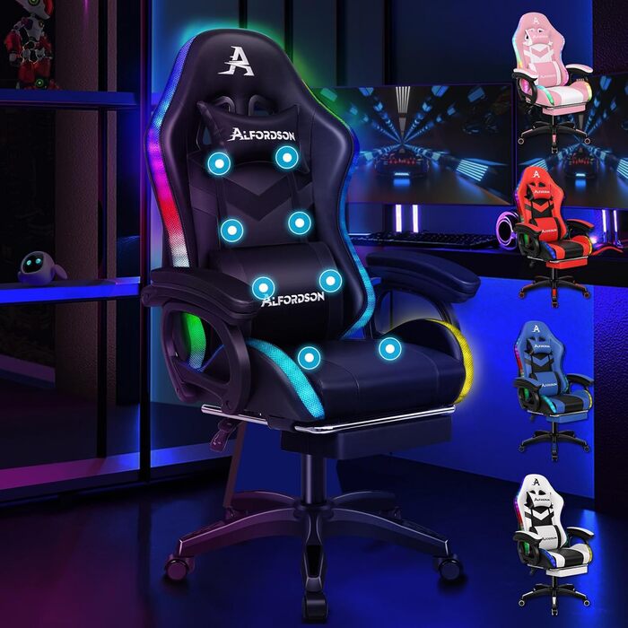 Ігрове крісло ALFORDSON з 8-точковим масажем, RGB LED підсвіткою, ергономічне, з підніжкою, підголівником і поперековою подушкою, для дітей та дорослих, чорне